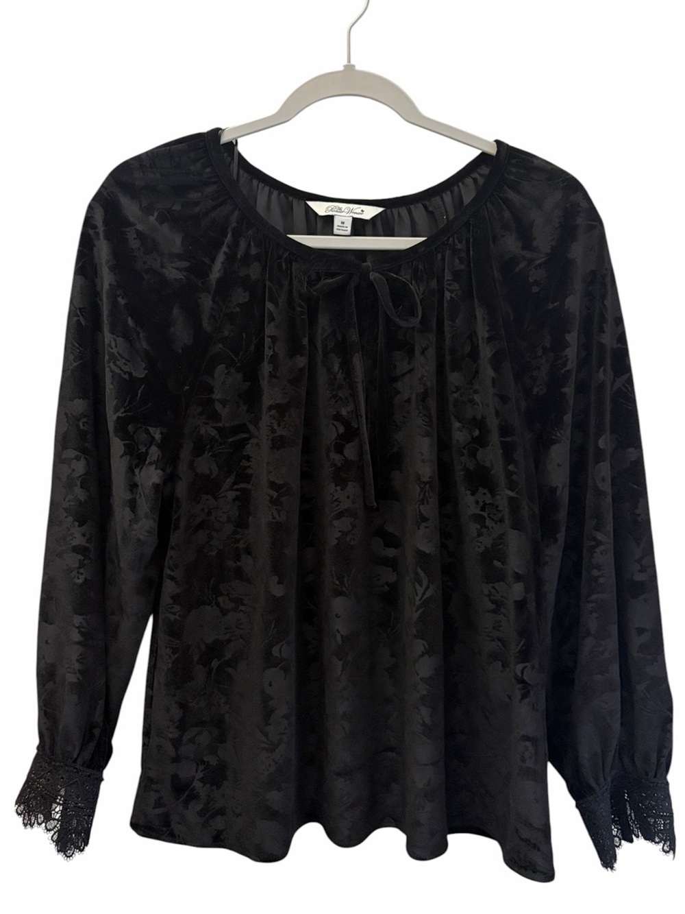 The Pioneer Woman Dark Romantic Black Floral Velvet Lace-Cuff Peasant Blouse M